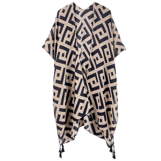 Geometric Pattern Print Mocha Kimono with Tassels