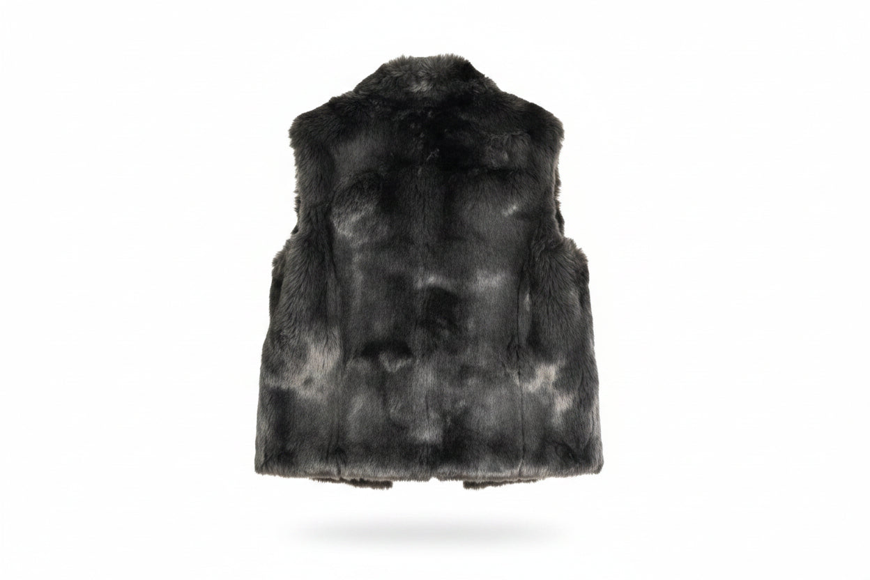 A dark gray and black faux fur vest.