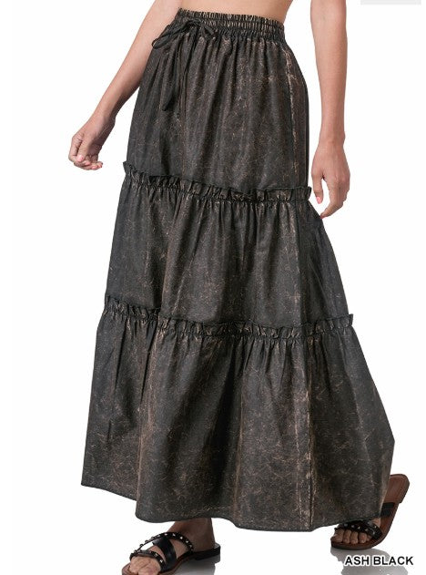 Woven Acid Wash Tiered Ruffle Maxi Skirt