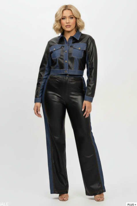 Plus Faux Leather Denim Contrast Jacket & Pants Set **SHIPS 9/29**