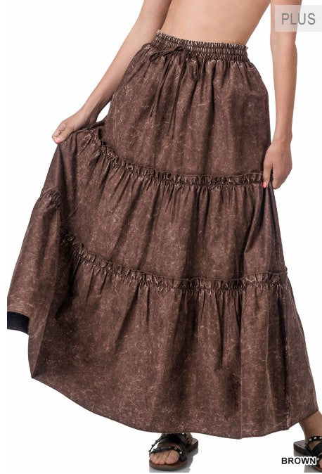 Woven Acid Wash Tiered Ruffle Maxi Skirt