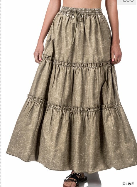Woven Acid Wash Tiered Ruffle Maxi Skirt