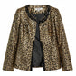  KASPER leopard-print jacket. The jacket features a textured gold and black animal pattern with a black beaded collar and a black satin placket.