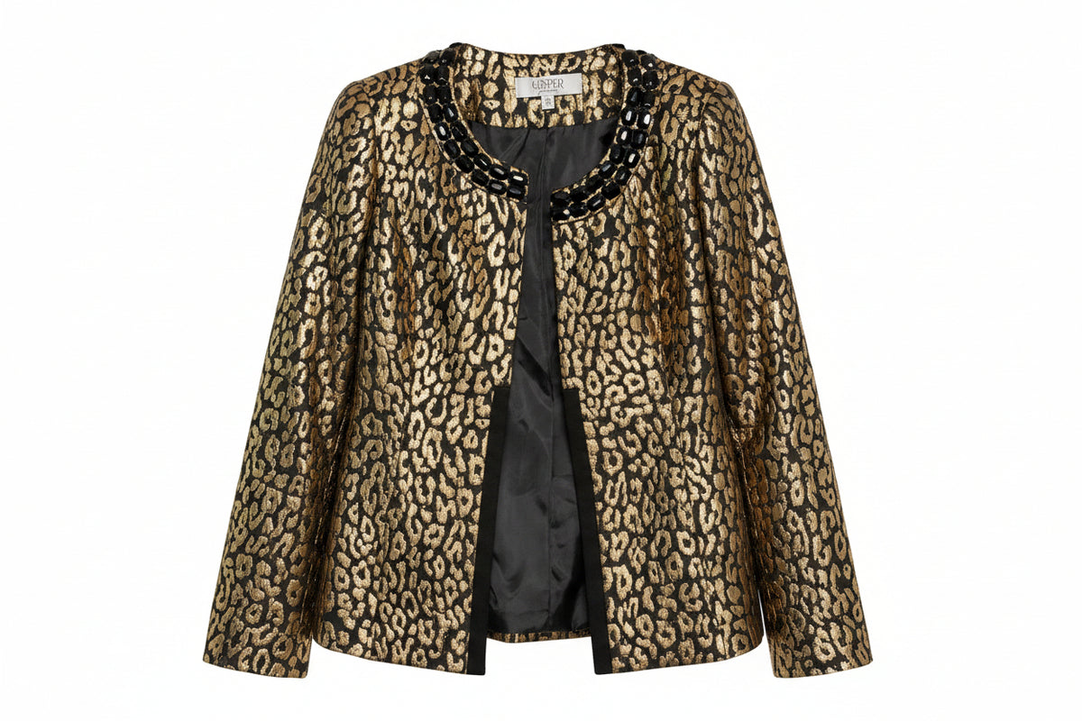  KASPER leopard-print jacket. The jacket features a textured gold and black animal pattern with a black beaded collar and a black satin placket.