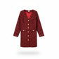 A red and black houndstooth patterned long-sleeve long blazer with a V-neck and silver crystal buttons.