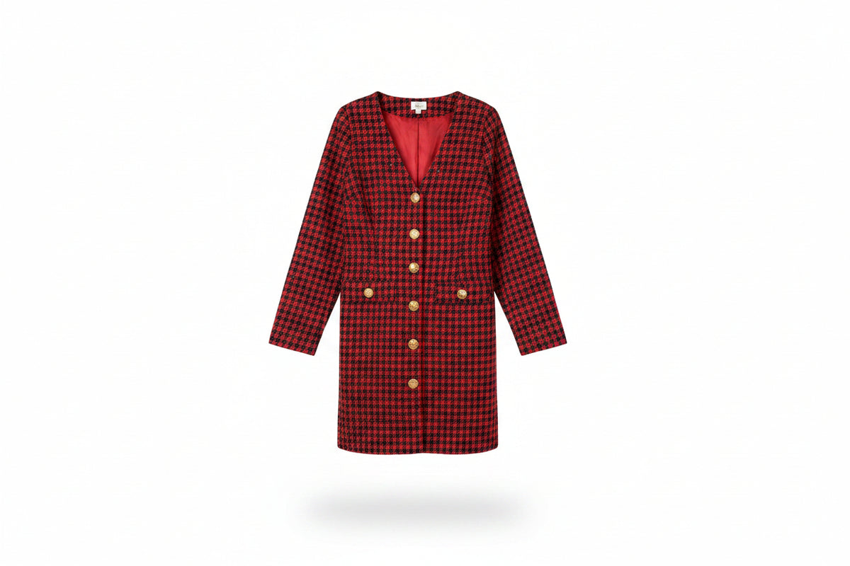 A red and black houndstooth patterned long-sleeve long blazer with a V-neck and silver crystal buttons.
