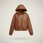 A brown faux-leather hooded zip-up jacket.