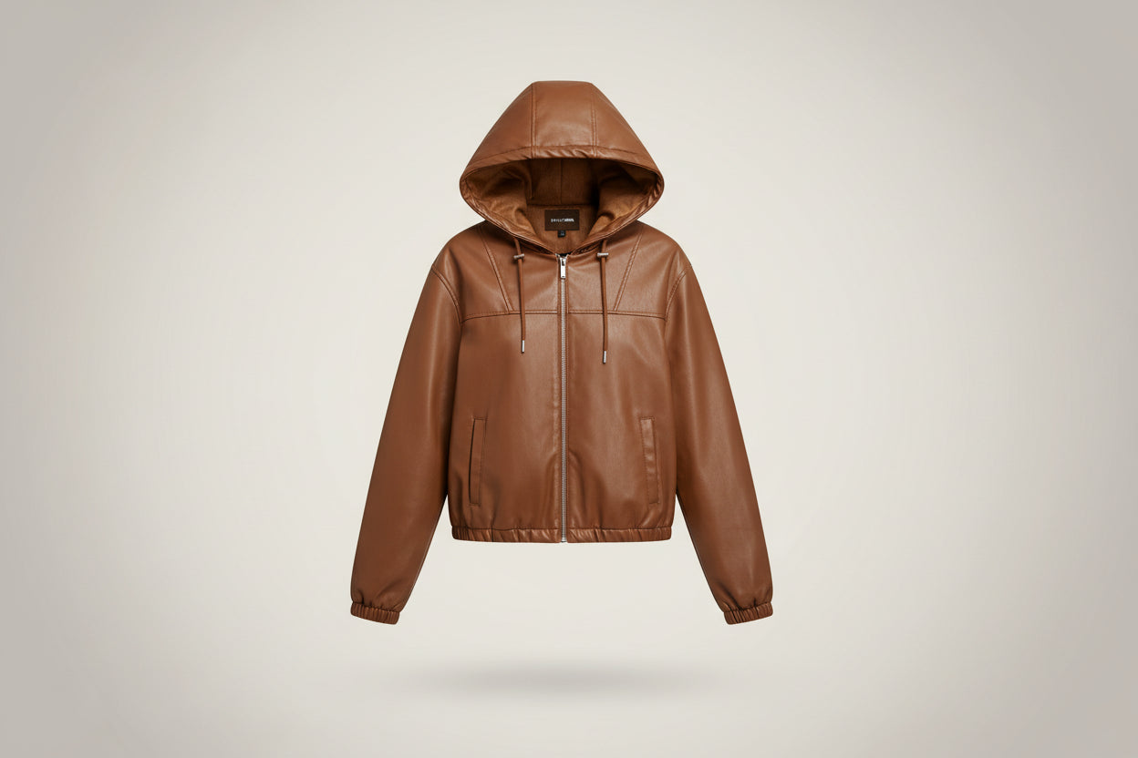 A brown faux-leather hooded zip-up jacket.