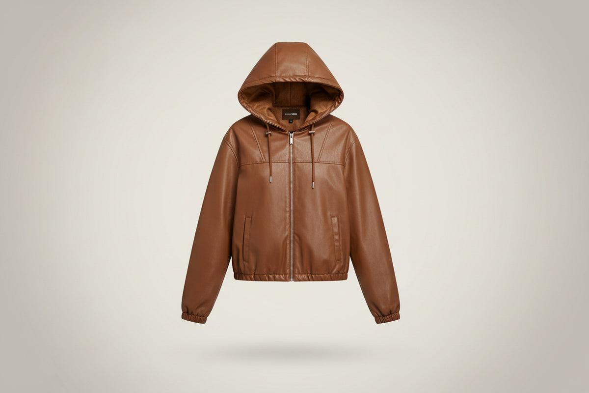 A brown faux-leather hooded zip-up jacket.