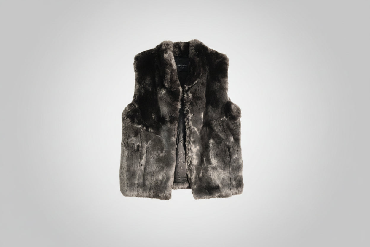 Fabulous Furs brand dark gray and black faux fur vest.