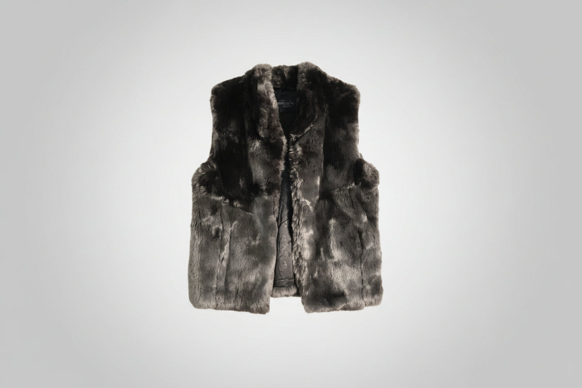 Fabulous Furs brand dark gray and black faux fur vest.