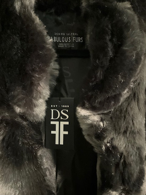 Fabulous Furs brand dark gray and black faux fur vest.