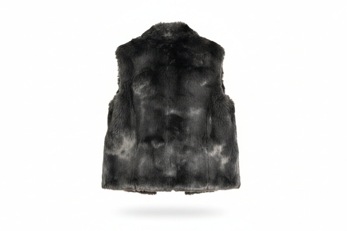 A dark gray and black faux fur vest.
