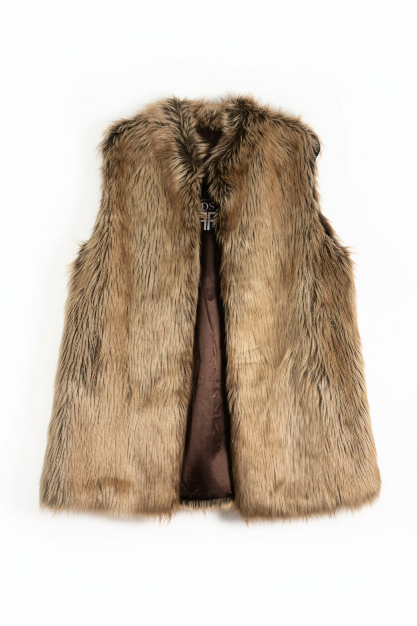 Fabulous Furs brand new with tag sleeveless faux fur vest in a brown and beige pattern.