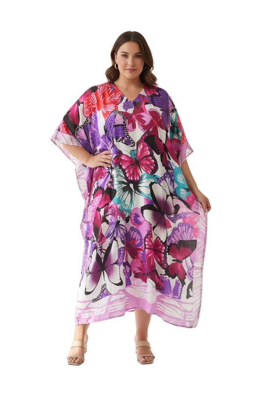 A short-sleeve kaftan dress with a vibrant butterfly print in shades of purple, pink, red, and blue.