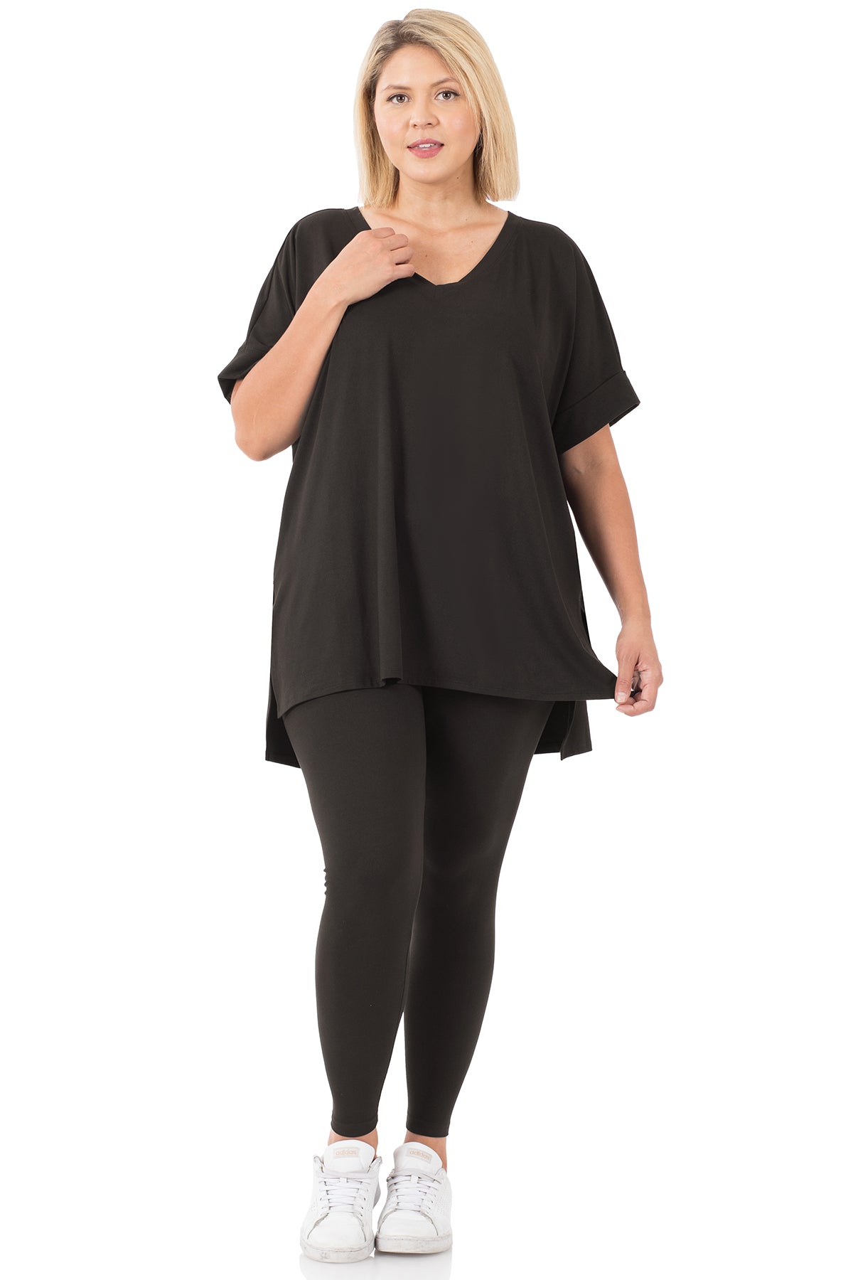 V Neck Cuffed Short Sleeve Microfiber Leggings Set