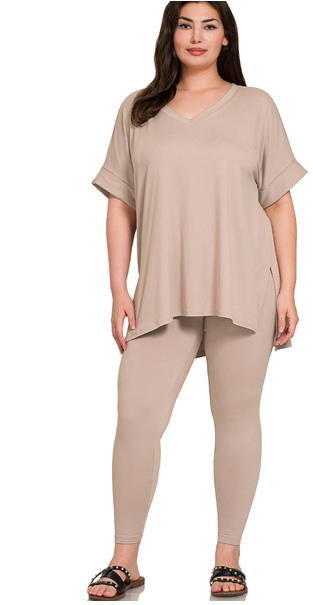 V Neck Cuffed Short Sleeve Microfiber Leggings Set