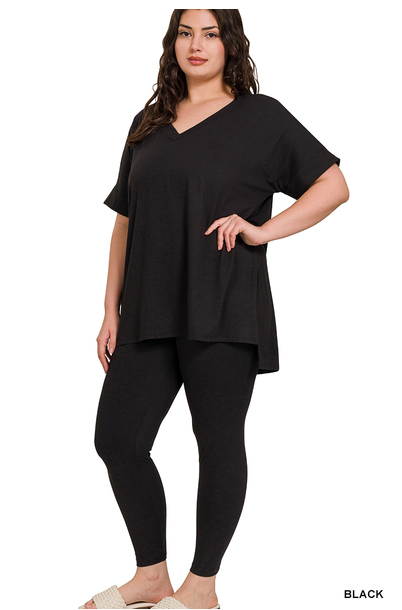 V Neck Cuffed Short Sleeve Microfiber Leggings Set