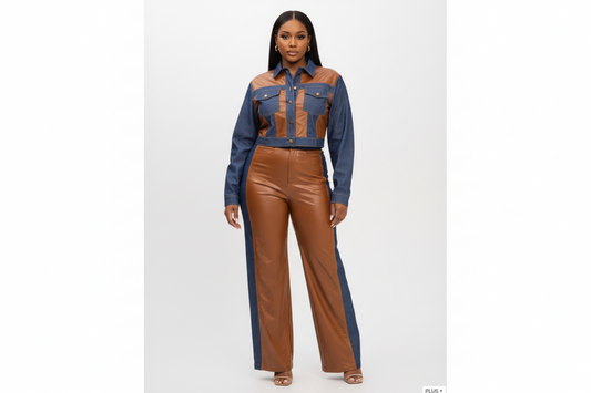 Plus Faux Leather Denim Contrast Jacket & Pants Set **SHIPS 9/29**