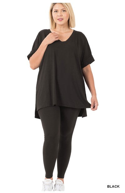 V Neck Cuffed Short Sleeve Microfiber Leggings Set